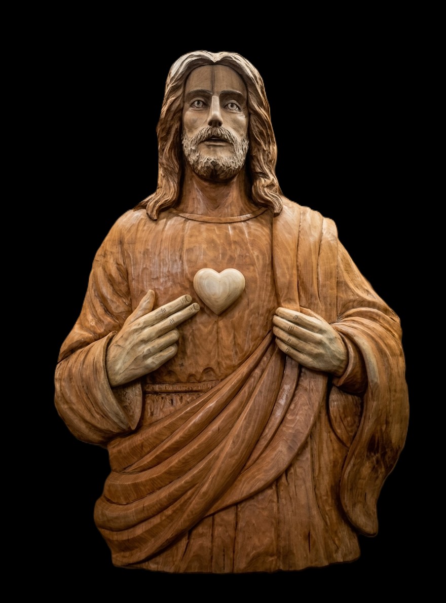 Mural escultórico 'Sagrado Corazón ' tallado en madera de lenga, 80cmx57cm